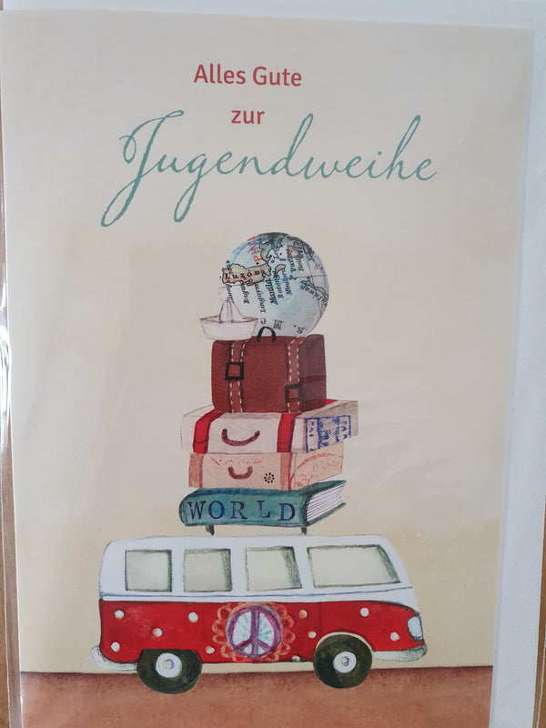 Grußkarte Herzlichen Glückwunsch zur Jugendweihe Bus, Koffer, Welt