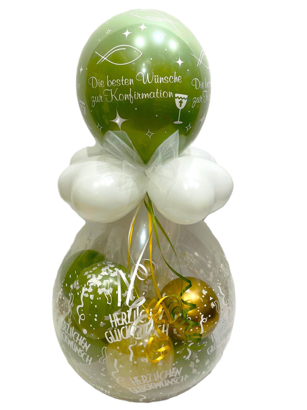 Geschenk im Ballon Konfirmation Farben Oliv Eukalyptus Weiß