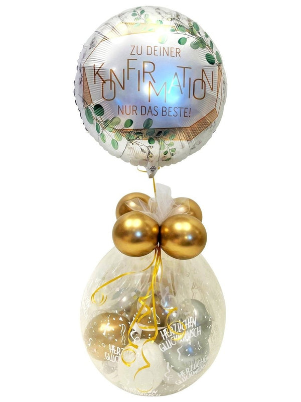 Geschenk im Ballon Konfirmation mit Folienballon grün gold