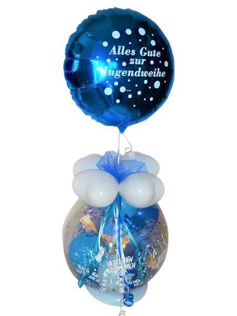 Geschenk im Ballon Jugendweihe mit Folienballon blau-weiß