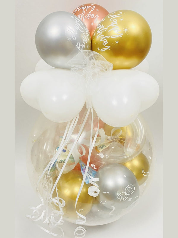 Geschenk im Ballon runder Geburtstag dreifarbig gold, silber, rosegold
