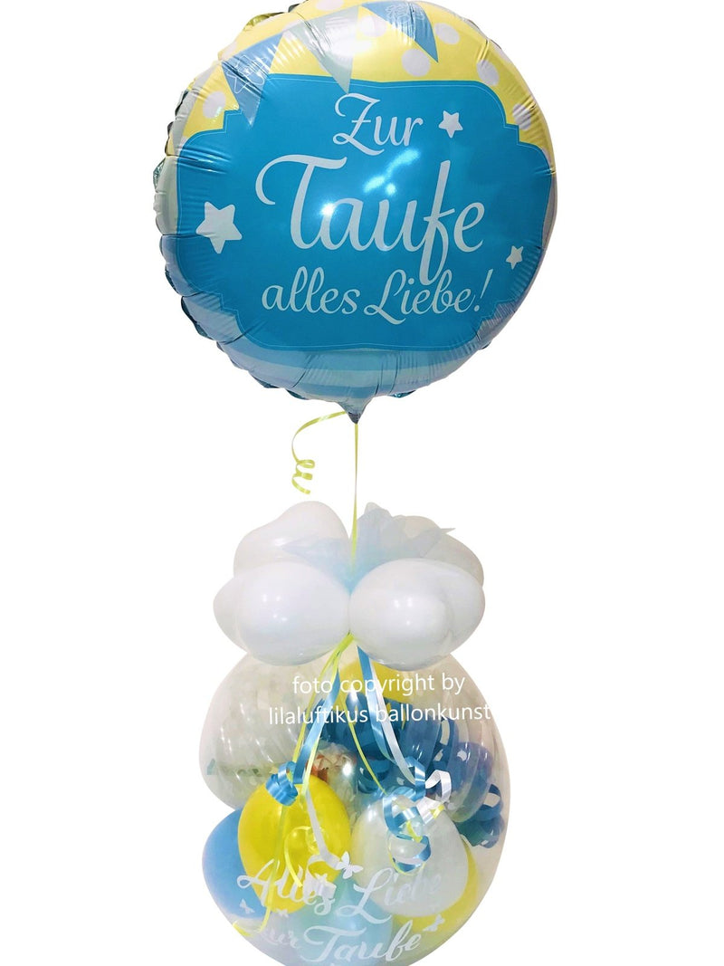 Teddy Bär im Luftballon zur Taufe mit Glückwunschkarte und Helium Ballon
