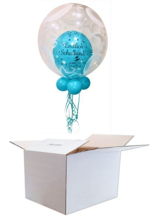Einschulung Double Bubble Luftballon im Ballon. endlich Schulkind. im Geschenkkarton mit Dekoration