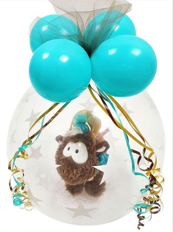 Kuscheltier Elch Rentier von Nici im Ballon verpackt. Stofftier im Luftballon Geschenk