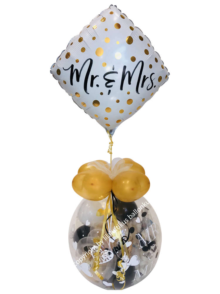 Ballon Geschenk Just Married Hochzeit Mr & Mrs Farbe gold-weiß-schwarz mit Folienballon