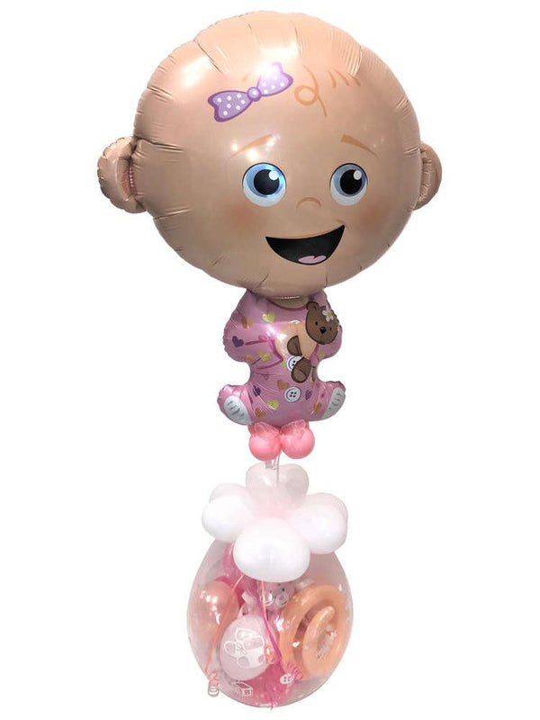 Geschenk im Ballon Geburt Baby Kind Mädchen oder Junge mit schwebendem Helium Folienballon