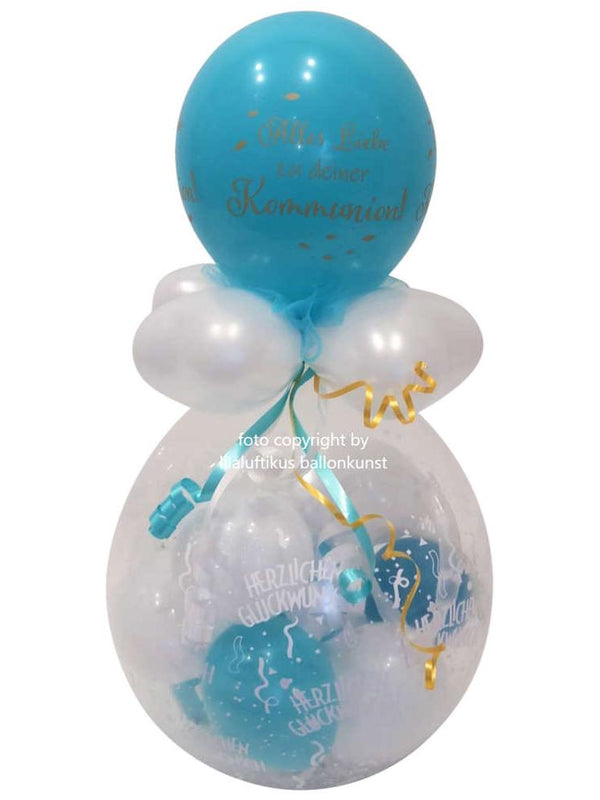 Geschenk im Ballon Kommunion Junge blau weiß