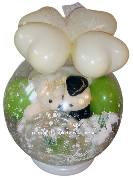 Geschenkballon Hochzeit mit Teddy Brautpaar im Luftballon grün creme
