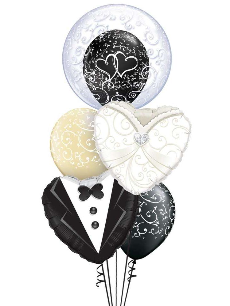 Ballonstrauß Helium Hochzeit Mr. and Mrs Farbe schwarz silber mit Double Bubble