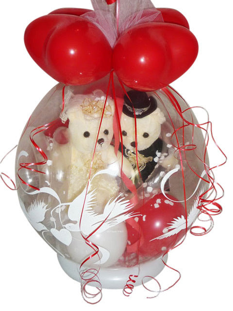 Geschenkballon Hochzeit mit Teddy Brautpaar im Luftballon rot-weiß